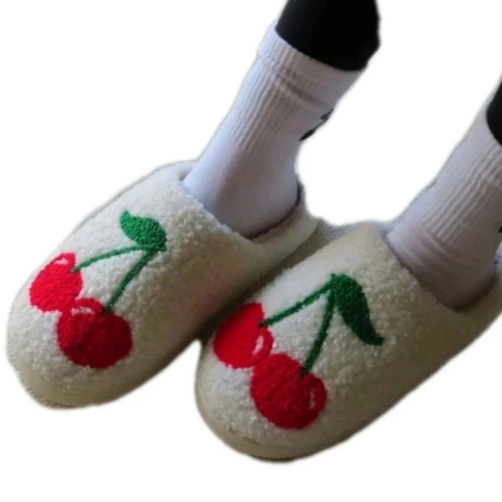 Smiley Face Plush Slippers Retro Soft Size 11 10 House Shoes Slip Ons Cherries